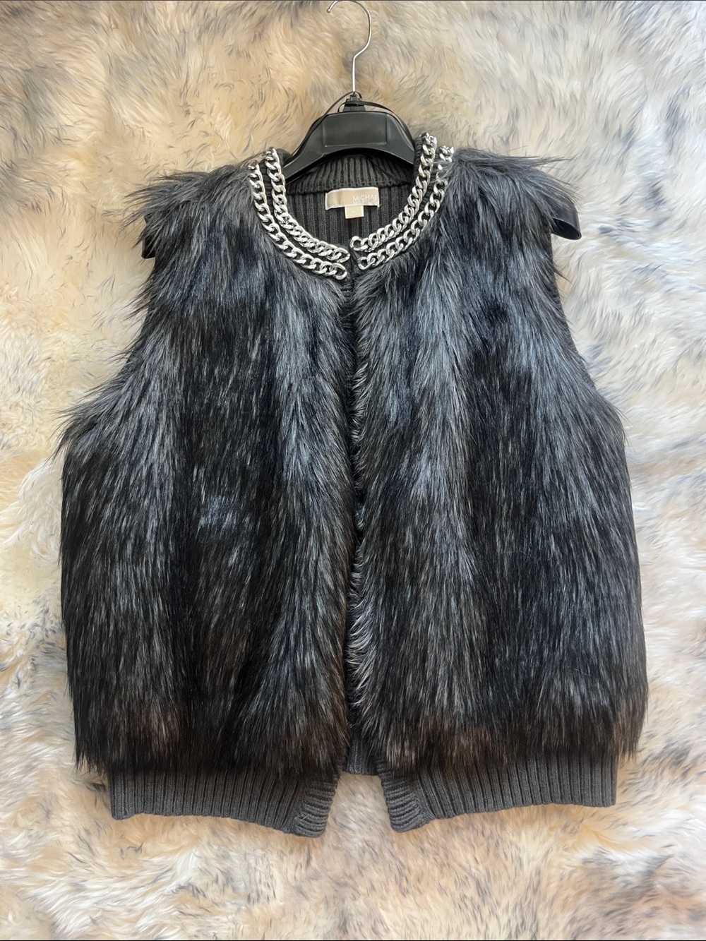 BRAND NEW MICHAEL Michael Kors Black Faux Fur Jacket with Silver Chain Trim
